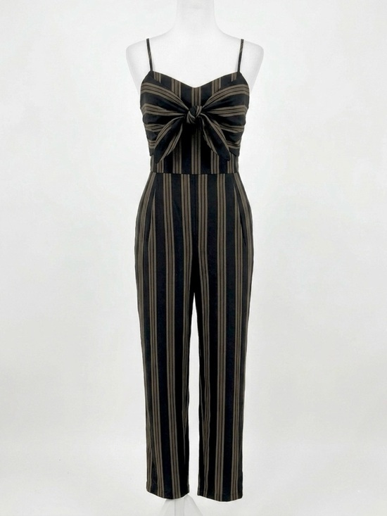 Lush Pants - Lush Black & Tan Striped Tie-Front Jumpsuit - Size Large - Summer/Outdoor Ready